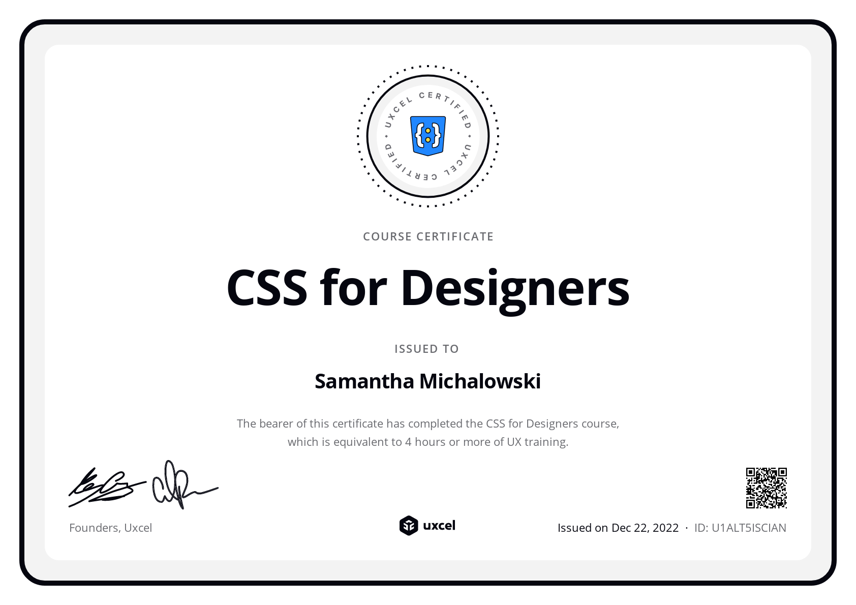 Samantha Michalowski's certificate